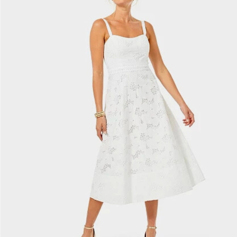 NWT; Lilly Pulitzer eyelet Fawn midi dress in resort white; Size 6